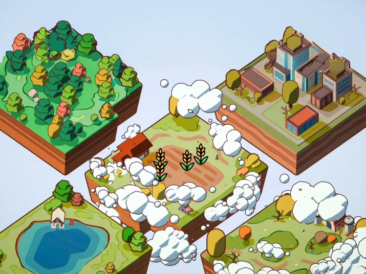 Eine Grafik zeigt einen Ausschnitt der Spielwelt mit verschiedenen Dioramen wie Feld, Wald, Wiesen und einer Stadt.