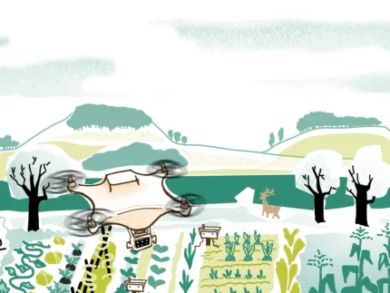 Illustration von einem Acker. Darüber fliegt eine Drohne.
