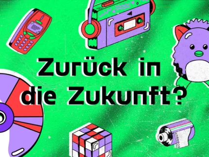 Lila Elemente auf grünem Hintergrund mit der Aufschrift: "Zurück in die Zukunft"